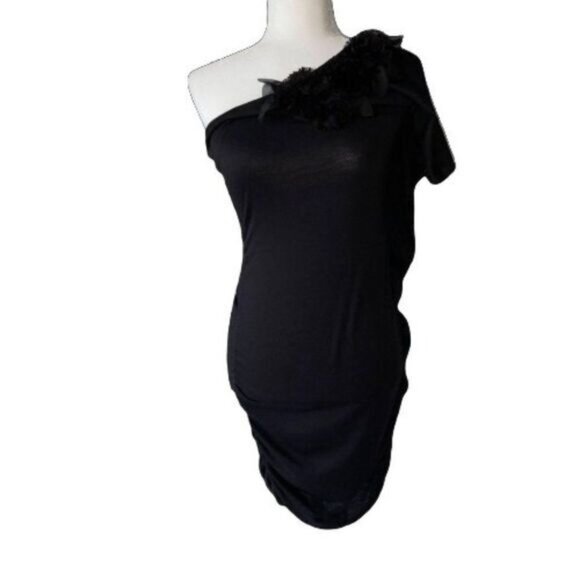 Women's One Shoulder Flower Ruched Detail‎ Bodycon Mini Black Dress MEDIUM - Picture 1 of 4